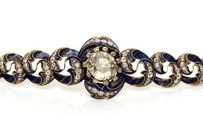 Antique Victorian 9.50 Carat Old Mine Cut Diamond and Enamel Bracelet
