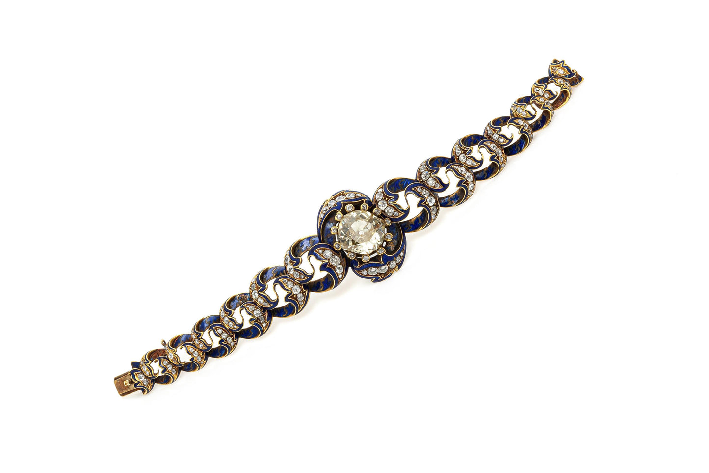 Antique Victorian 9.50 Carat Old Mine Cut Diamond and Enamel Bracelet