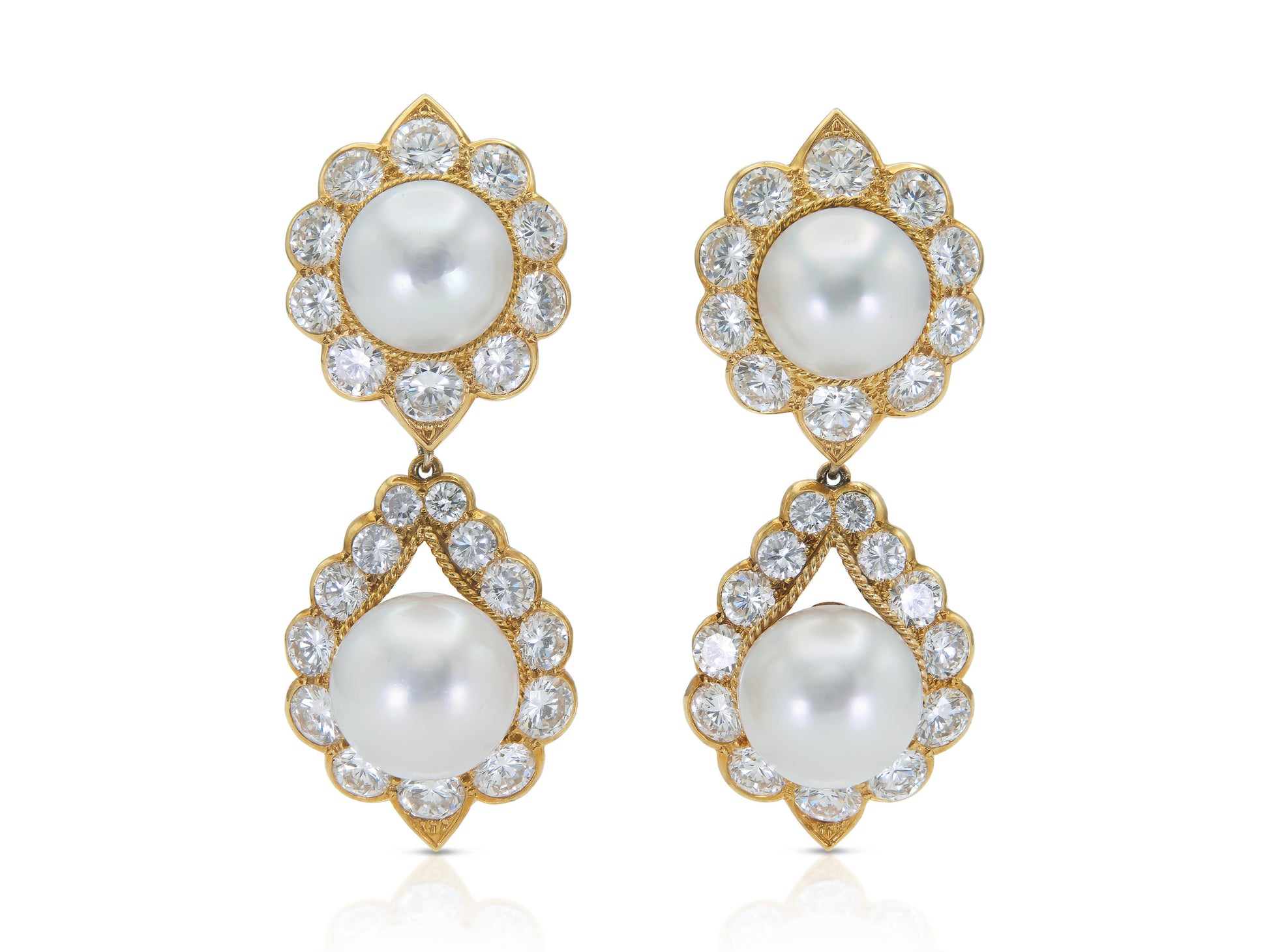 Vintage 1970s Pearl and 18.00 Carat Diamond Detachable Dangle Earrings