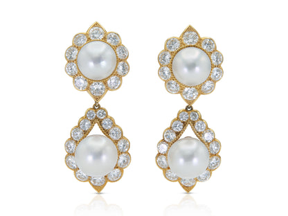 Vintage 1970s Pearl and 18.00 Carat Diamond Detachable Dangle Earrings