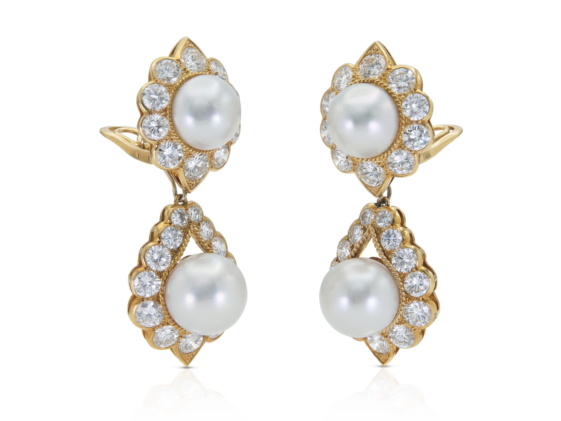 Vintage 1970s Pearl and 18.00 Carat Diamond Detachable Dangle Earrings