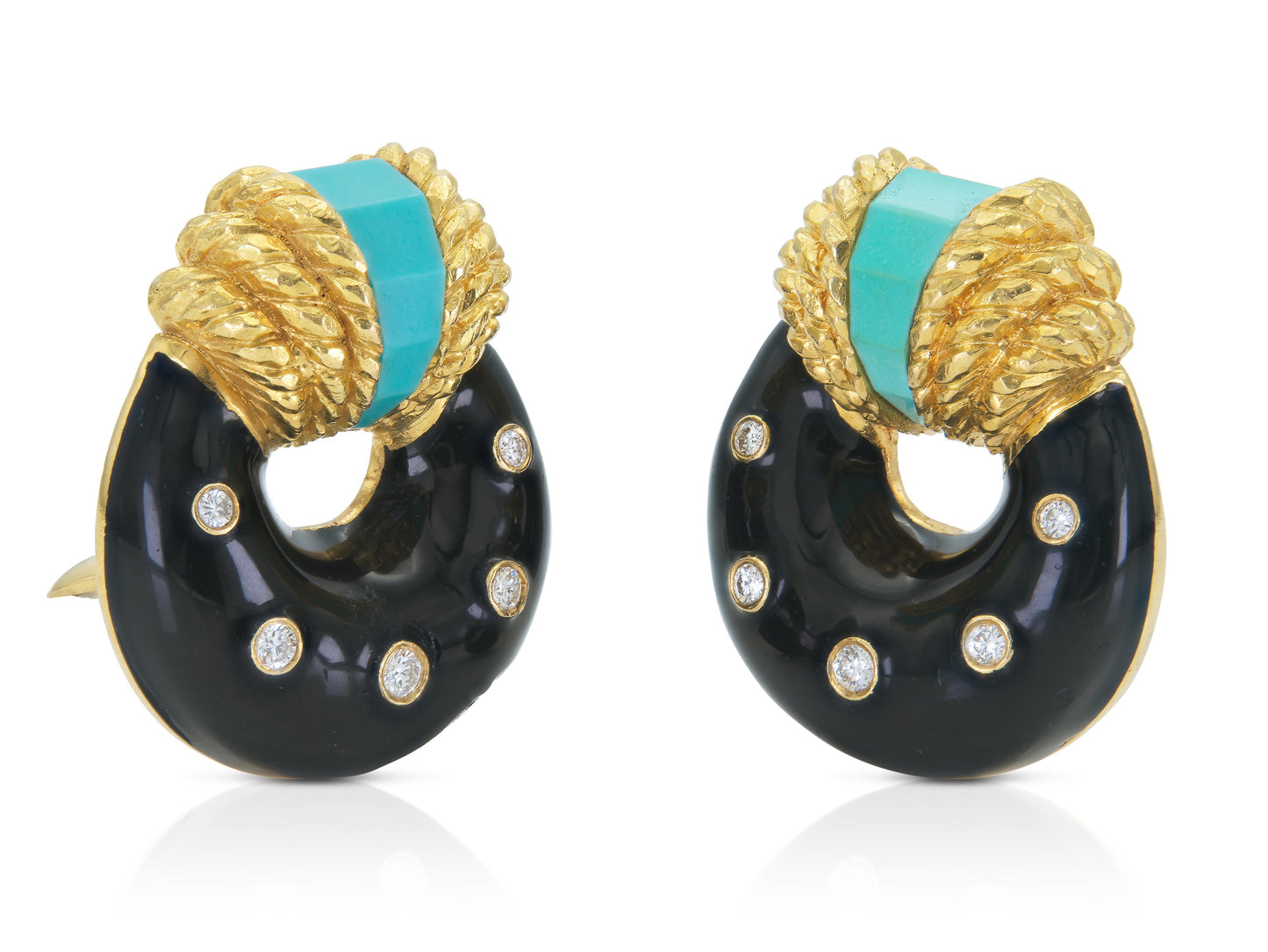 Vintage David Webb 18k gold earrings with black enamel, turquoise and diamonds