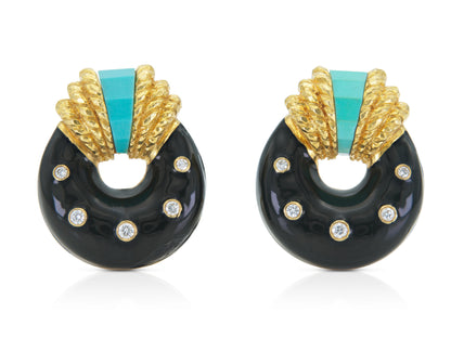 Vintage 1980s David Webb Black Enamel Earrings with Turquoise and Diamonds