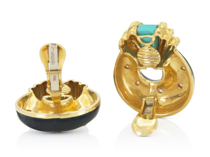 Vintage 1980s David Webb Black Enamel Earrings with Turquoise and Diamonds Back view