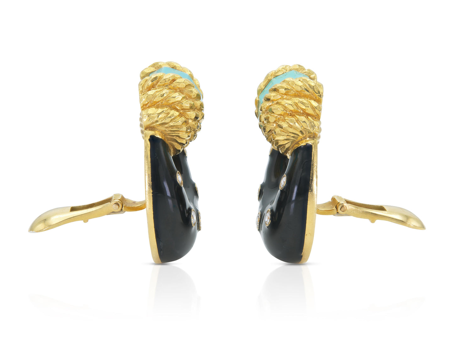 Side view of Vintage 1980s David Webb Black Enamel Earrings with Turquoise and Diamonds