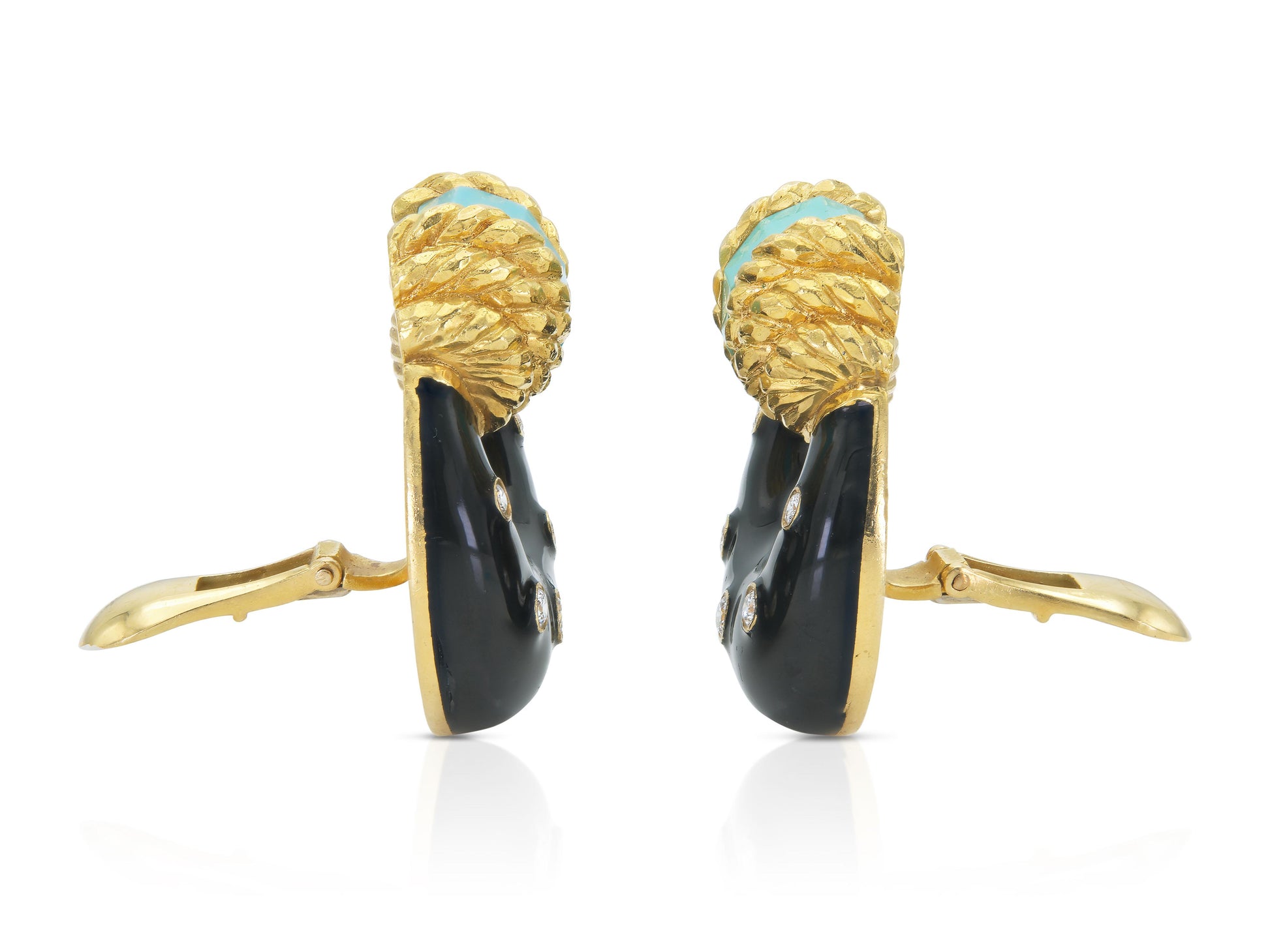 Side view of Vintage 1980s David Webb Black Enamel Earrings with Turquoise and Diamonds