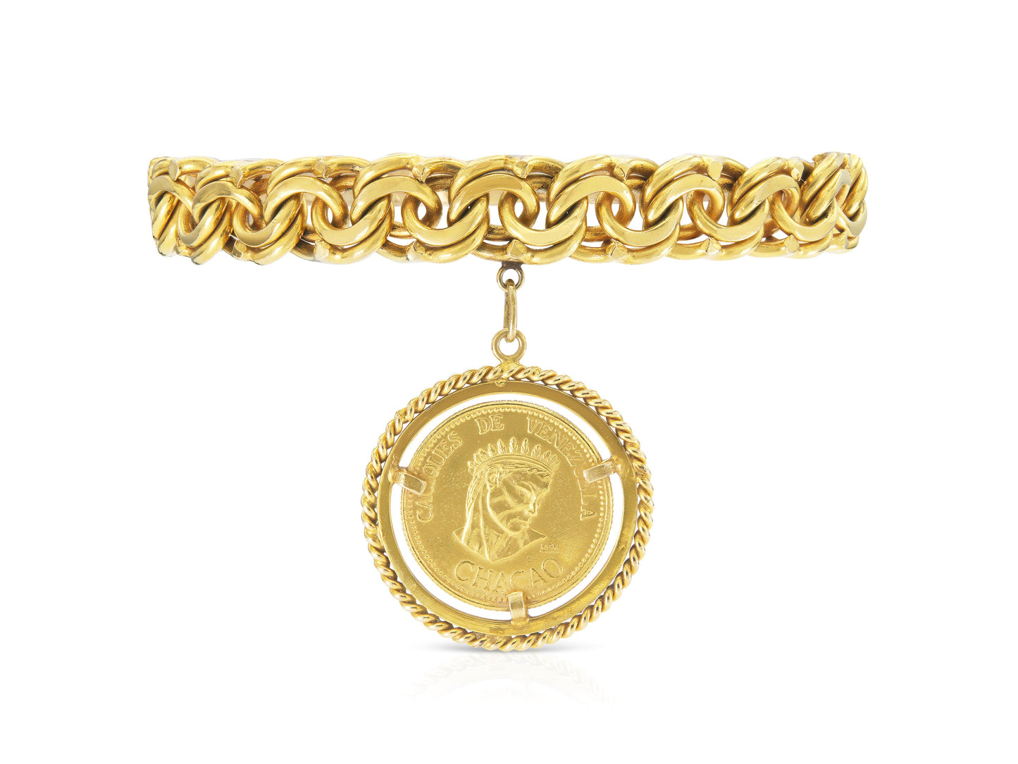 Vintage 1980s Gold Link Bracelet with Venezuelan Chacao Coin Charm