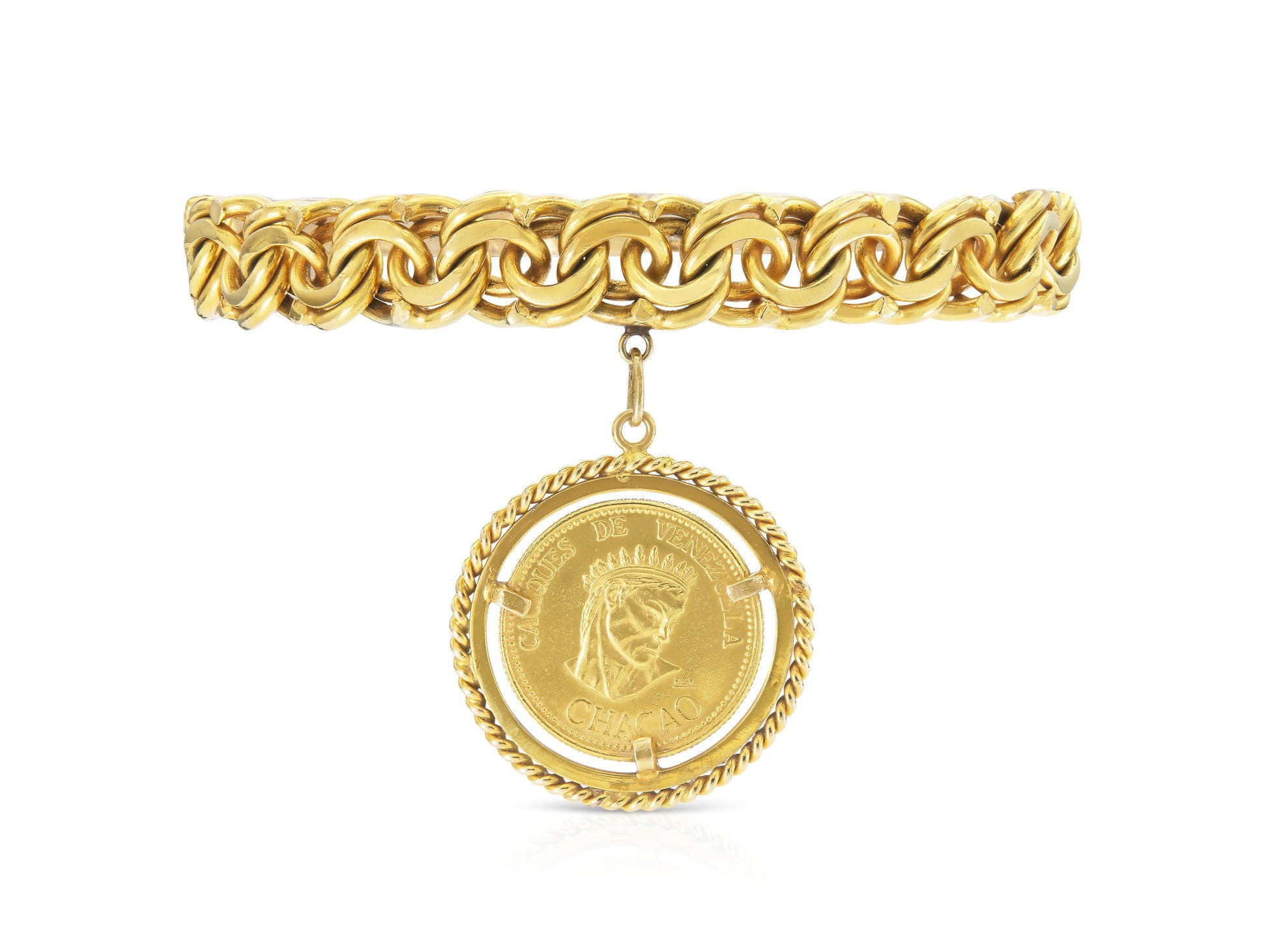 Vintage 1980s Gold Link Bracelet with Venezuelan Chacao Coin Charm