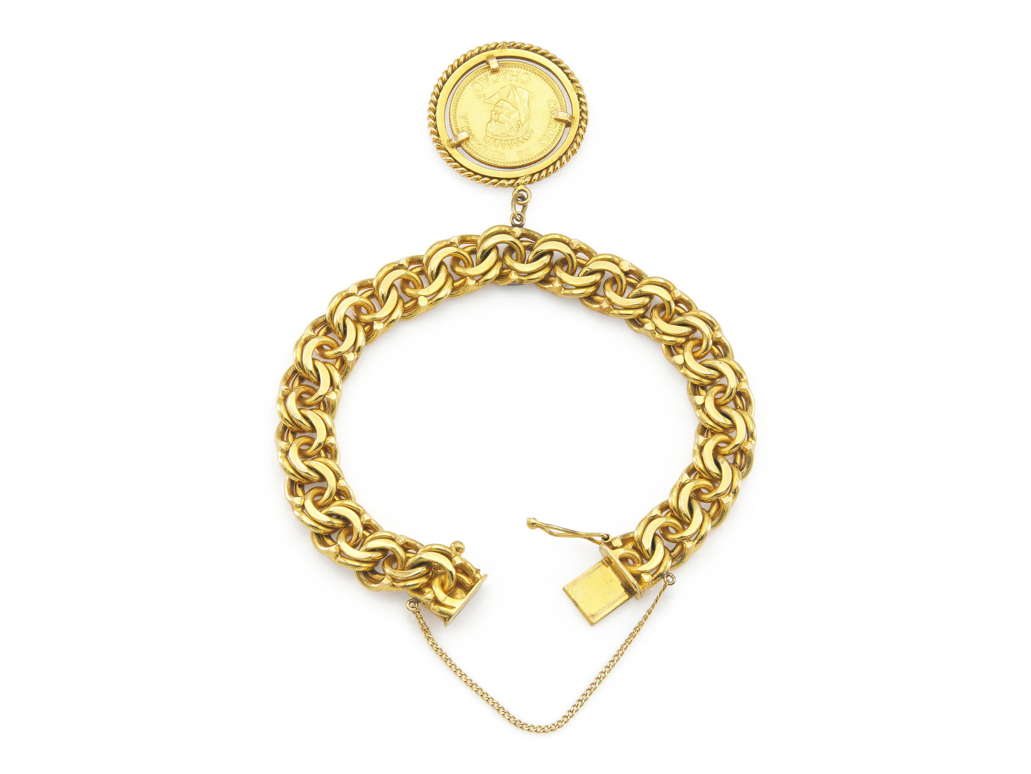 Gold link bracelet with Venezuelan Chacao coin charm and safety chain, open clasp view