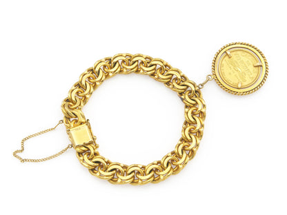 Vintage 1980s Gold Link Bracelet with Venezuelan Chacao Coin Charm top view