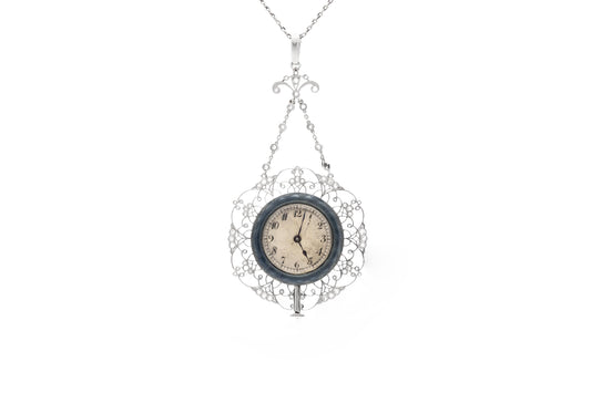 Antique Edwardian 1910s Blue Enamel Pendant Watch with Diamonds