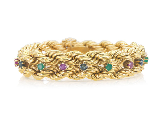 Vintage 1960s Gold Braided Bracelet with Emeralds, Sapphires, and Rubies
