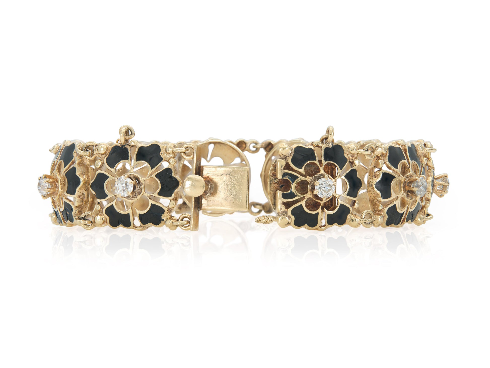 Antique Victorian Enamel and Diamond Flowers Bracelet