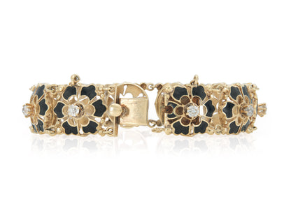 Antique Victorian Enamel and Diamond Flowers Bracelet