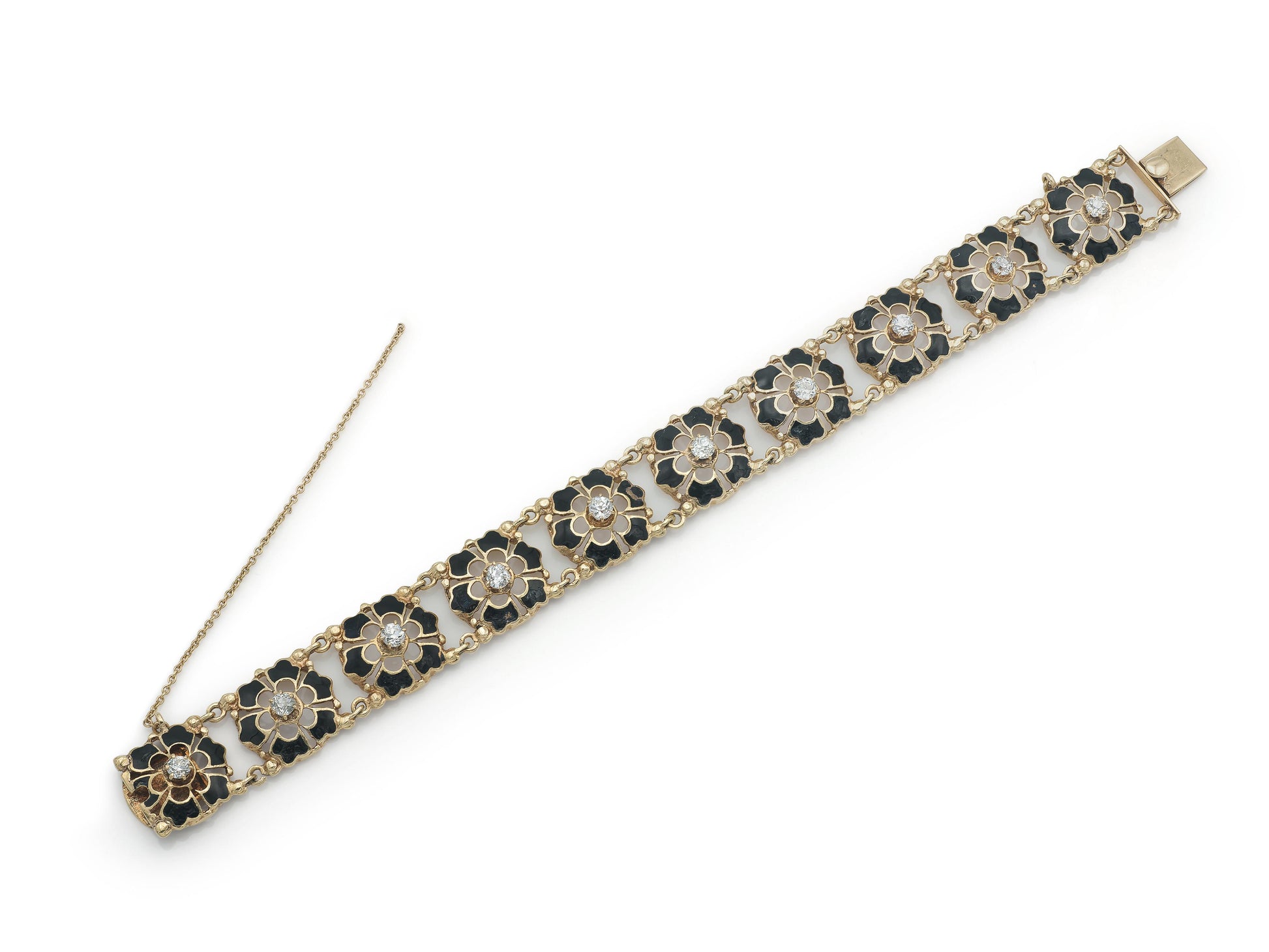 Antique Victorian Enamel and Diamond Flowers Bracelet