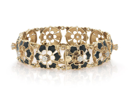 Antique Victorian Enamel and Diamond Flowers Bracelet