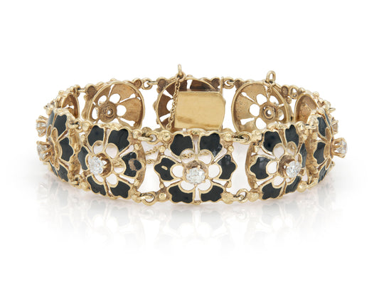 Antique Victorian Enamel and Diamond Flowers Bracelet