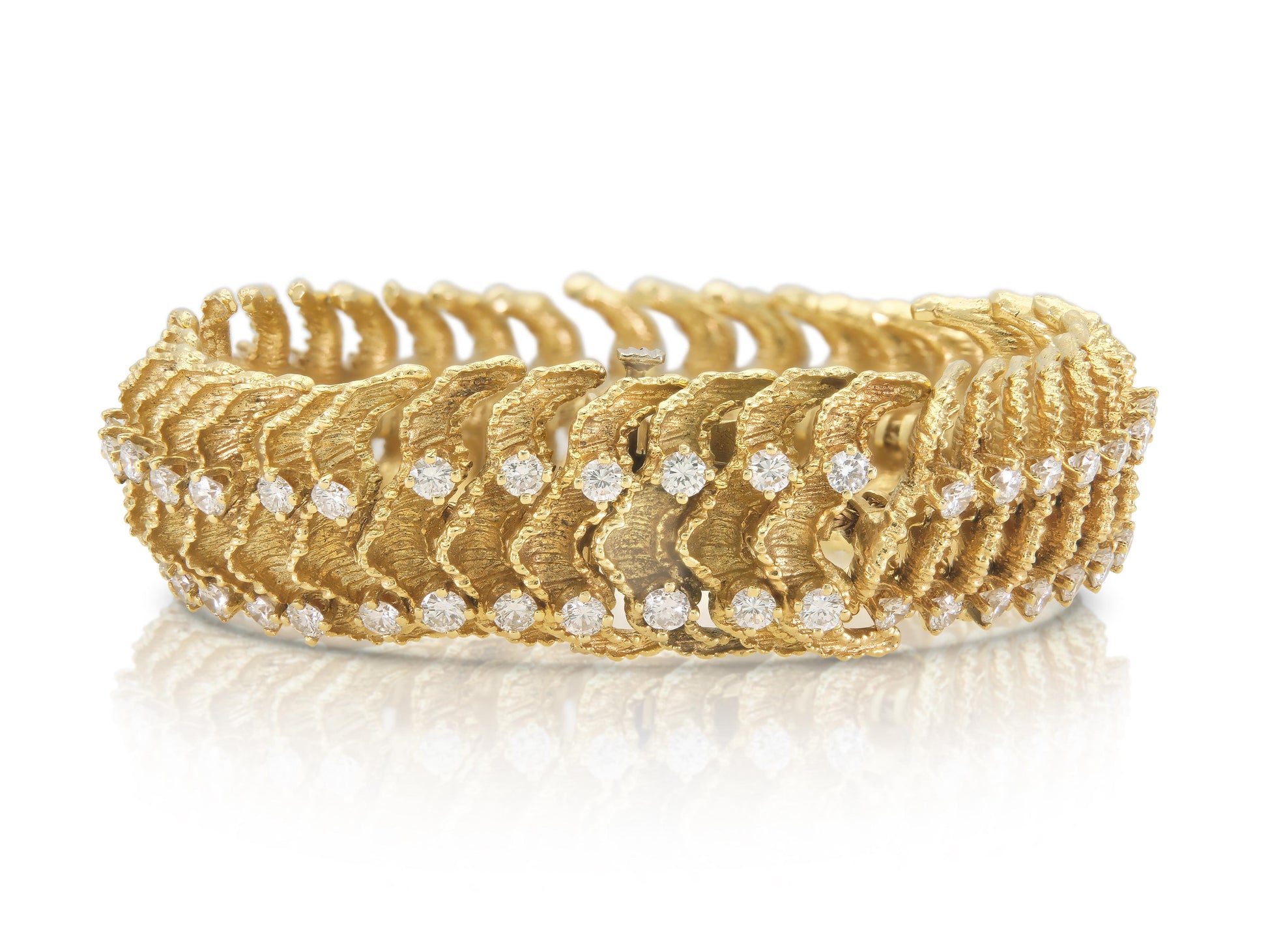 Vintage 1980s Textured Gold Link Bracelet with Diamonds