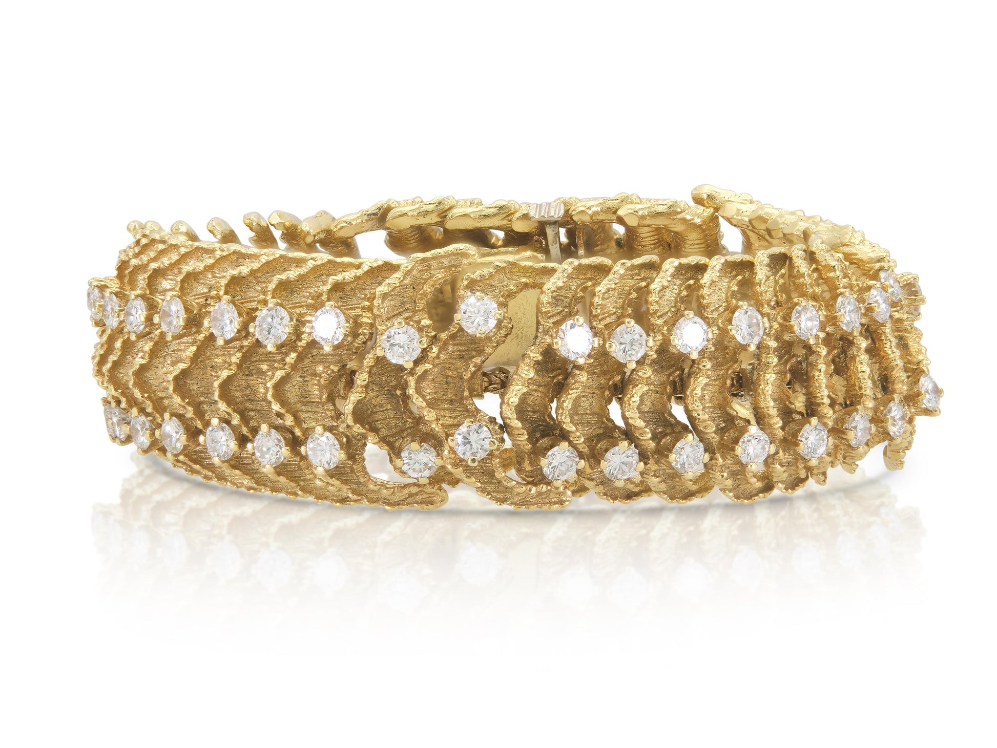 Vintage 1980s Textured Gold Link Bracelet with Diamonds