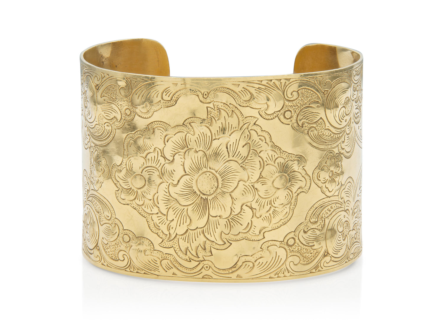 Vintage 1960s Gold Floral Engraved Wide Cuff Bracelet