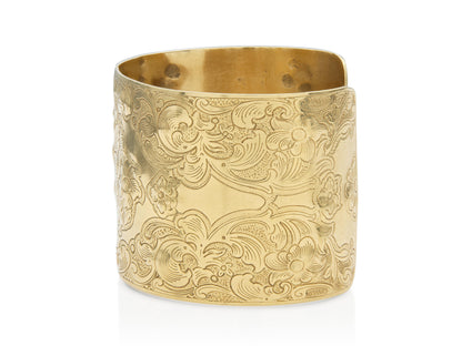Vintage 1960s Gold Floral Engraved Wide Cuff Bracelet