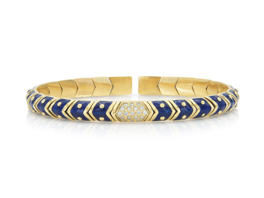 Vintage 1990s Hidalgo Blue Enamel Flexible Cuff Bracelet with Diamonds