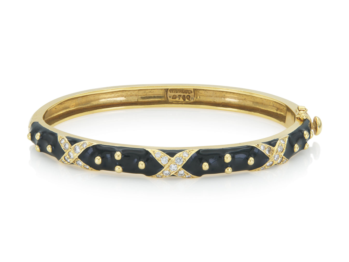 Vintage 1990s Hidalgo Black Enamel Hinged Bangle Bracelet with Diamonds