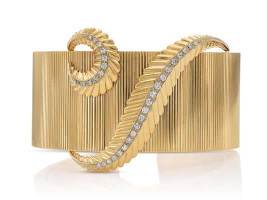 Vintage 1940s Retro Fluted Gold Feather Cuff Bracelet with Diamonds