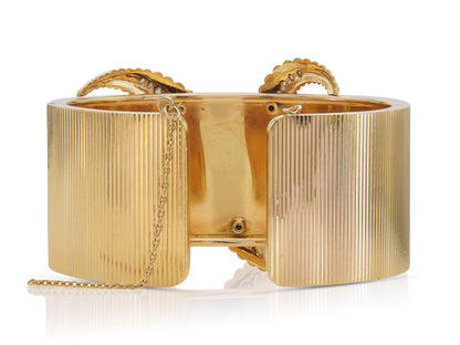 Vintage 1940s Retro Fluted Gold Feather Cuff Bracelet with Diamonds