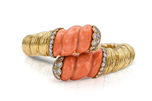 Vintage 1960s David Webb Carved Coral Diamonds and Gold Bypass Cuff Bracelet