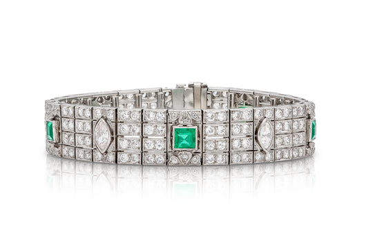 Antique Art Deco 1920s Diamond Bracelet with Emeralds