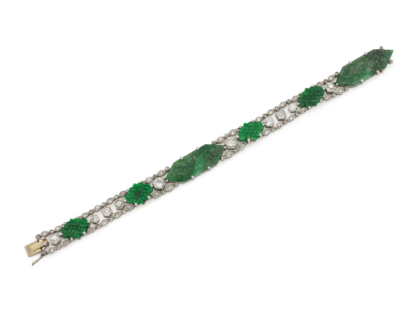 Antique Edwardian 1910s Carved Jade and Diamond Bracelet