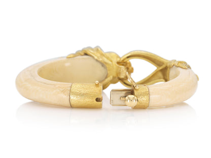 Vintage 1960s Gold & Bone Lion Bracelet with Emeralds