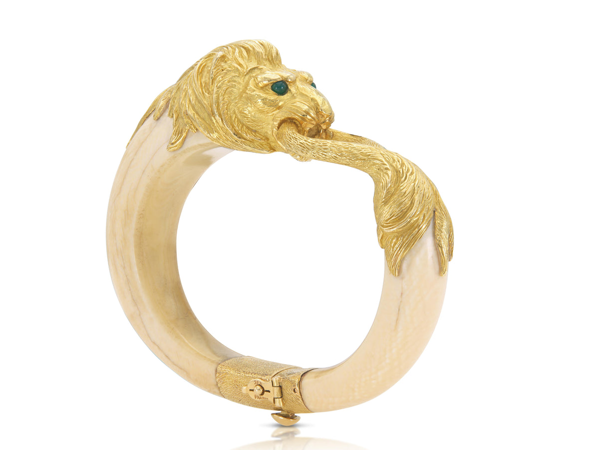 Vintage 1960s Gay Freres Gold & Bone Lion Bracelet with Emeralds 