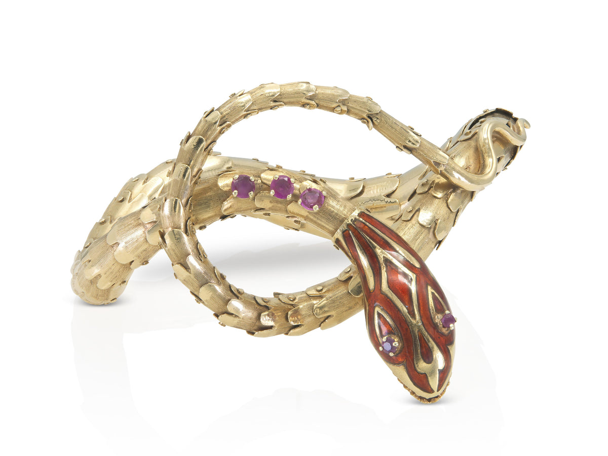 Antique Victorian Gold and Enamel Snake Bracelet with Rubies