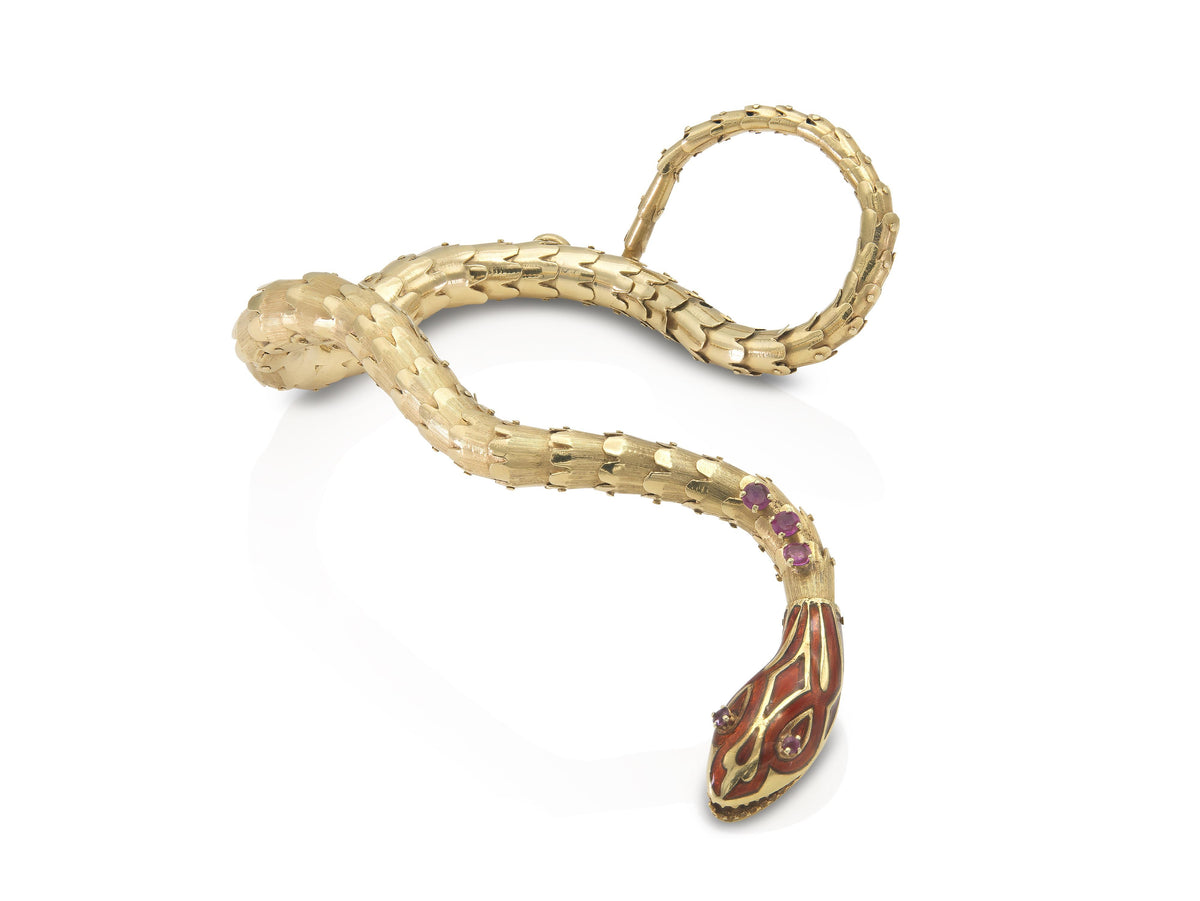 Antique Victorian Gold and Enamel Snake Bracelet with Rubies