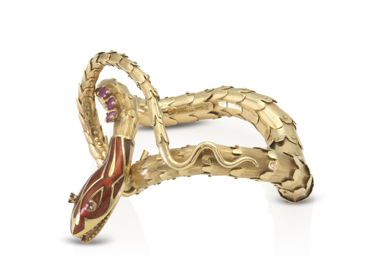 Antique Victorian Gold and Enamel Snake Bracelet with Rubies
