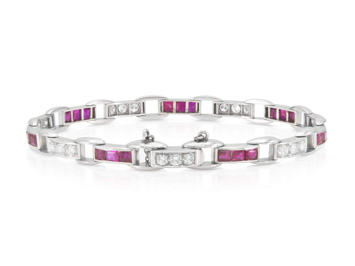 Vintage 1940s Retro J.E. Caldwell & Co. Diamond and Ruby Link Bracelet
