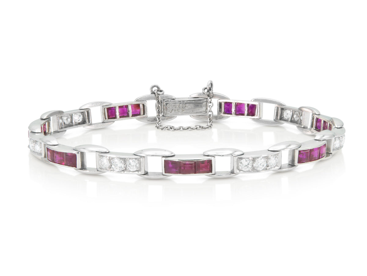 Vintage 1940s Retro J.E. Caldwell & Co. Diamond and Ruby Link Bracelet