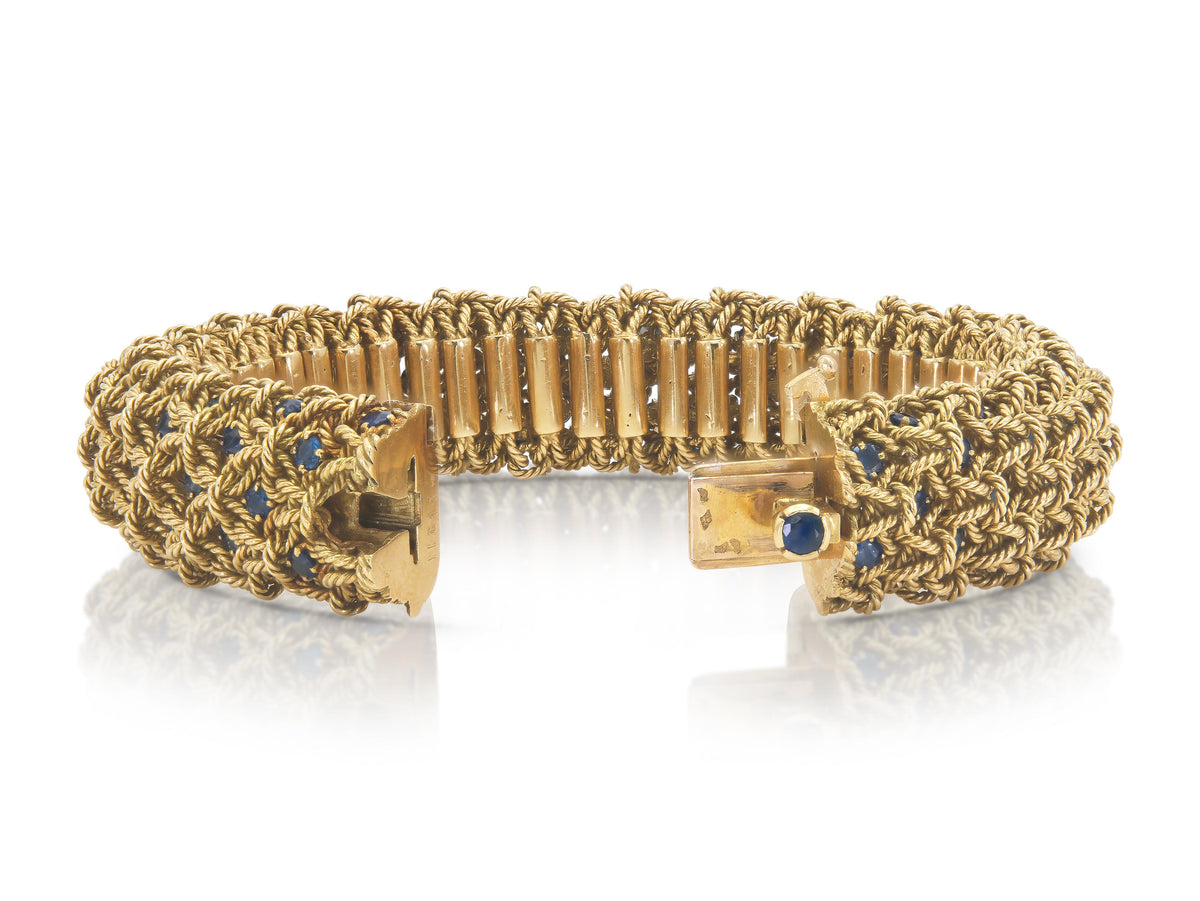 Vintage 1960s Georges L'Enfant Gold Woven Bracelet With Sapphires