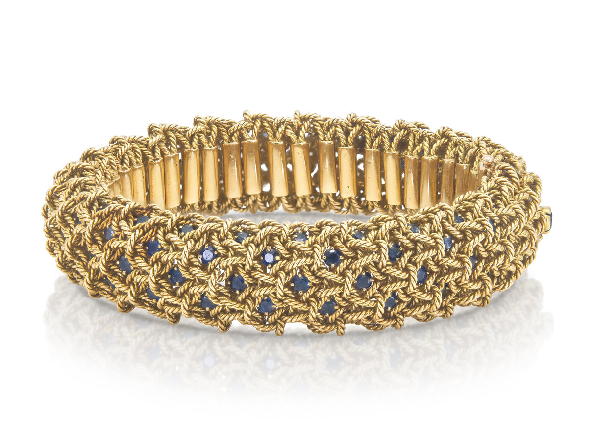 Vintage 1960s Georges L'Enfant Gold Woven Bracelet With Sapphires