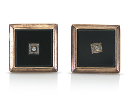Vintage 1940s Retro Onyx Square Cufflinks with Diamonds