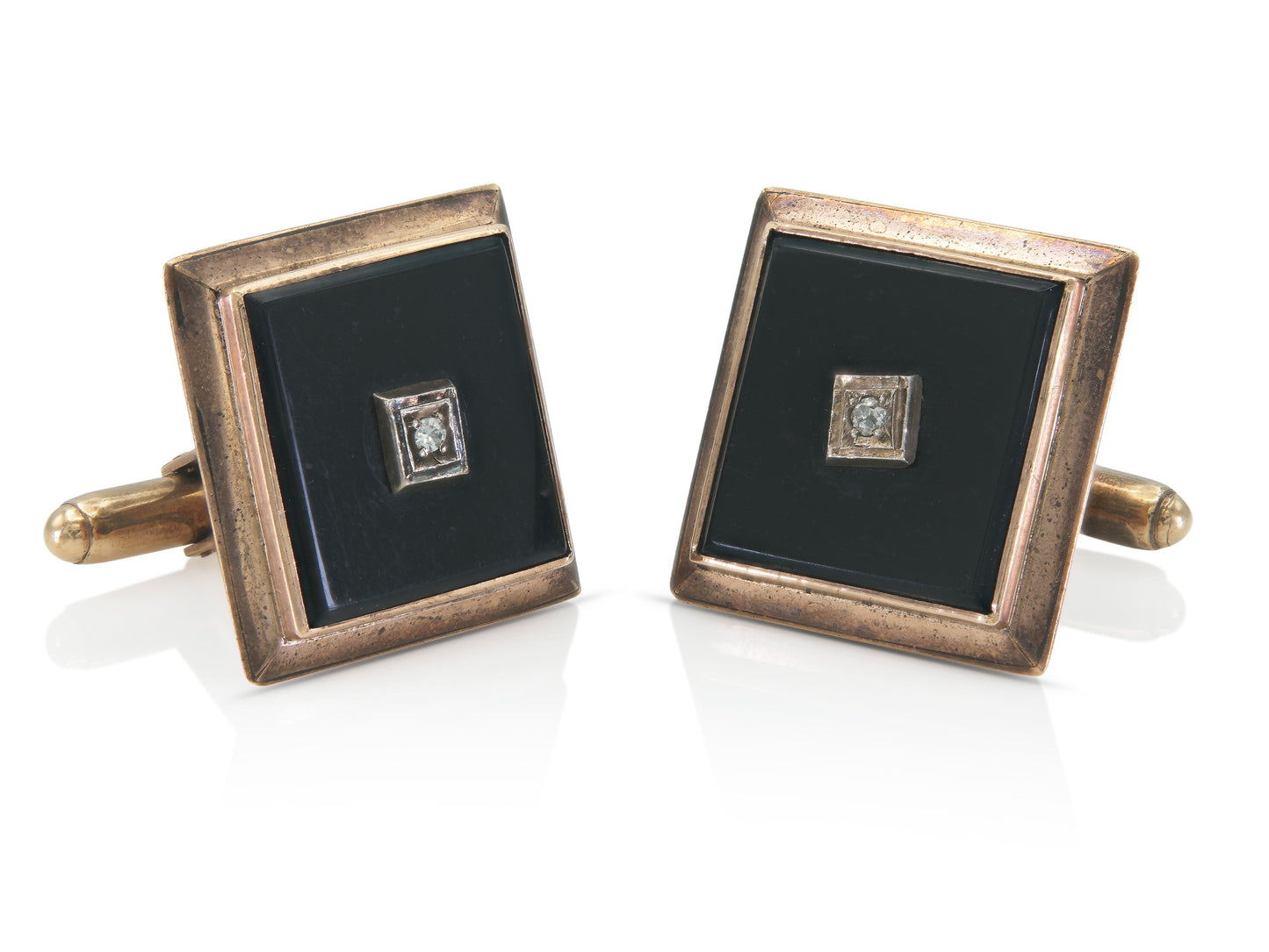 Vintage 1940s Retro Onyx Square Cufflinks with Diamonds