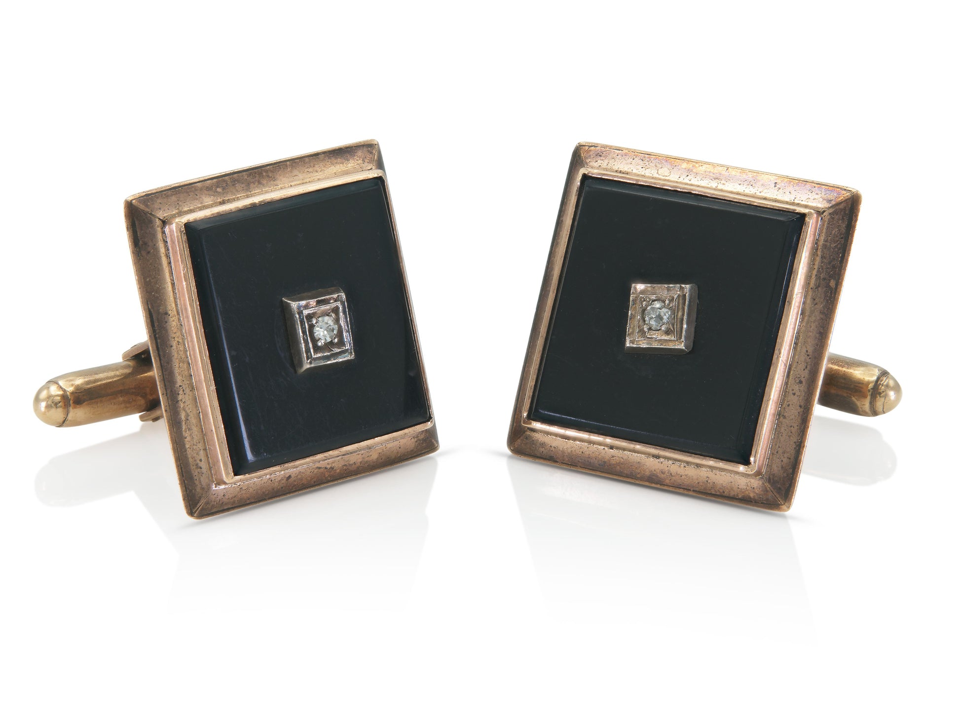Vintage 1940s Retro Onyx Square Cufflinks with Diamonds