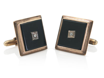 Vintage 1940s Retro Onyx Square Cufflinks with Diamonds