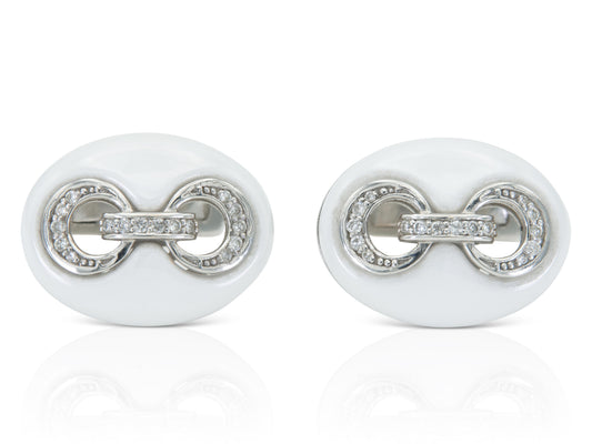 White Ceramic and Diamond Coffee Bean Link Cufflinks