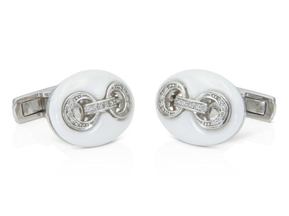 White Ceramic and Diamond Coffee Bean Link Cufflinks
