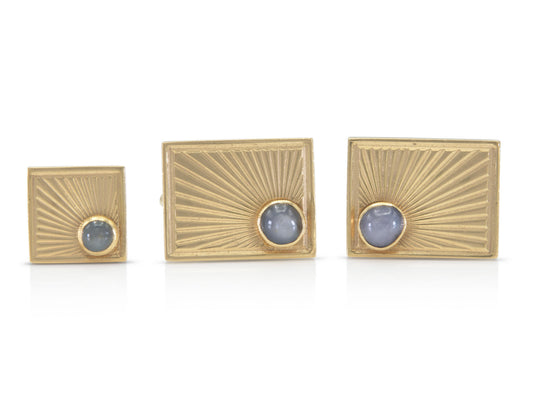 Vintage 1960s Gold Sun Ray Cufflinks and Tie Tag Set with Star Sapphires