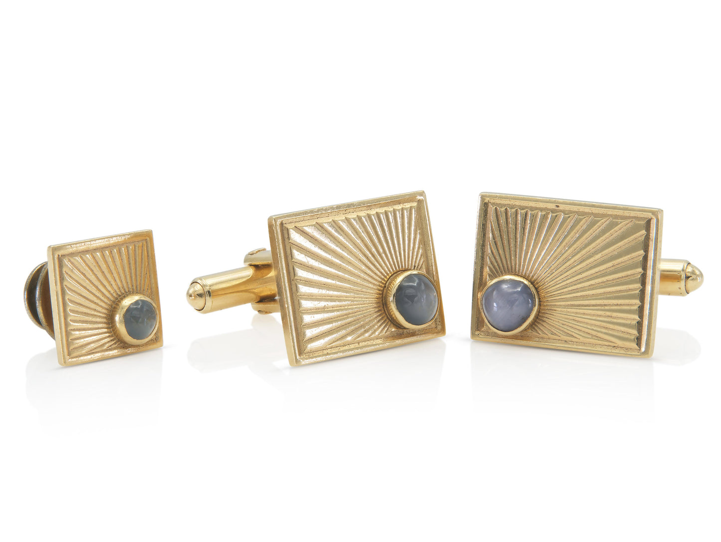 Vintage 1960s Gold Sun Ray Cufflinks and Tie Tag Set with Star Sapphires
