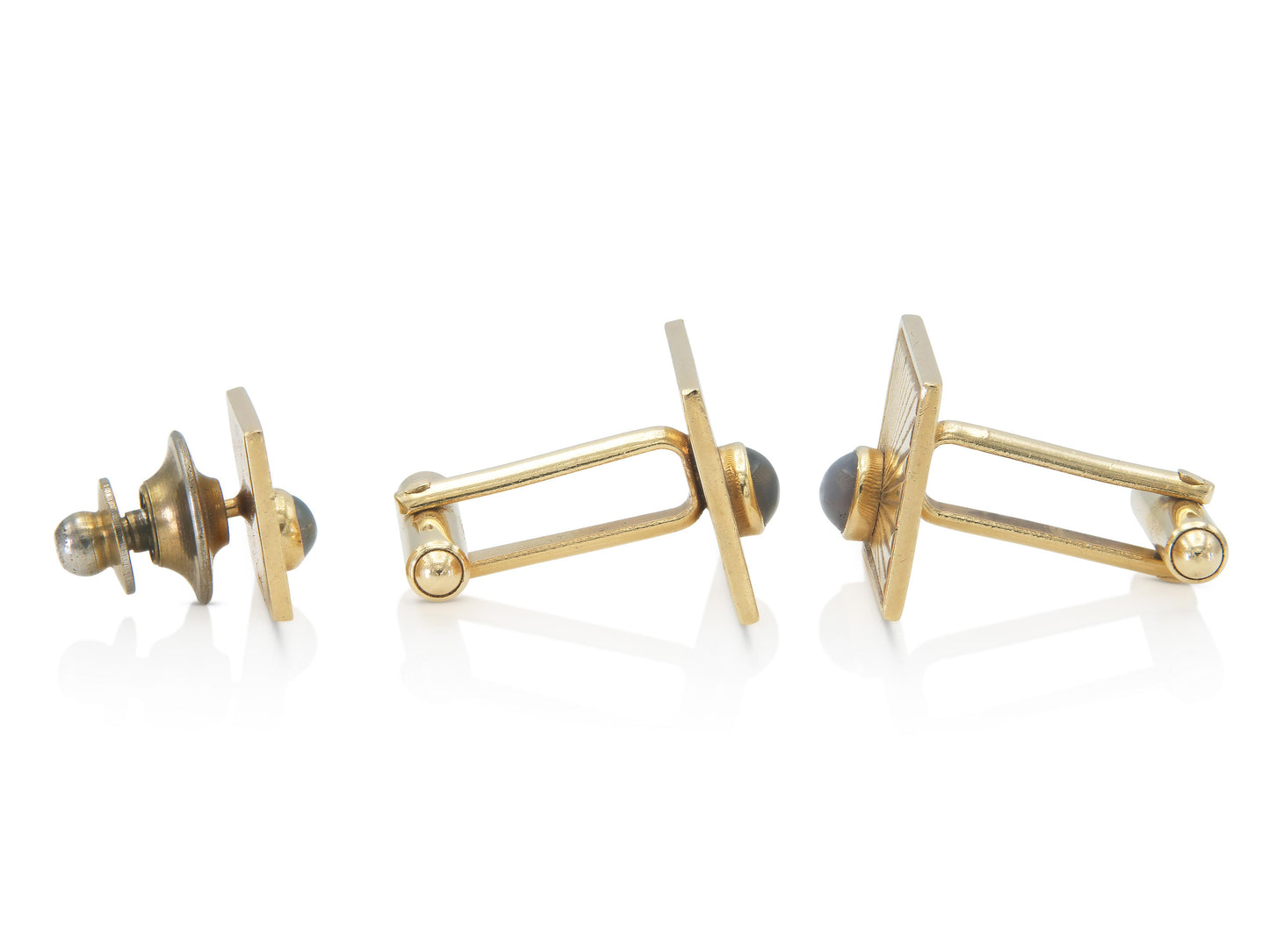 Vintage 1960s Gold Sun Ray Cufflinks and Tie Tag Set with Star Sapphires